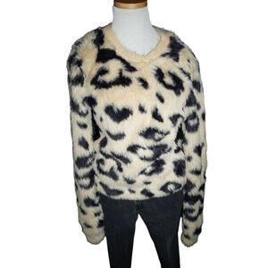 For The Republic Leopard Faux Fur Sweater Size M | Beige Black Animal Print Pull